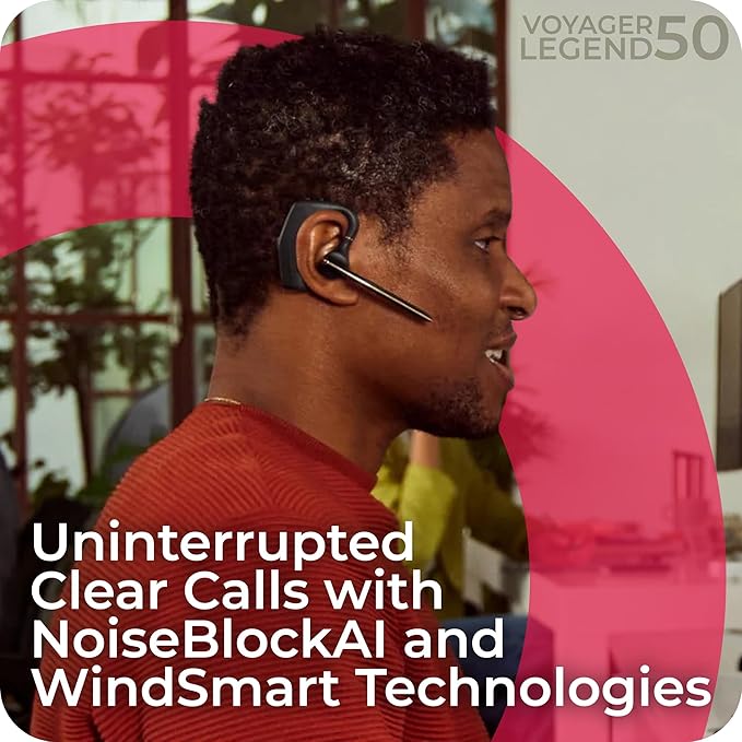Poly Voyager Legend 50 UC Bluetooth Headset, Charging Case, AI-Powered Noise Cancellation, 4Mic WindSmart Tech, 10-Hr Battery, 98 ft Wireless Range, Multipoint Connectivity, Voice Assistant, GTW Cloth