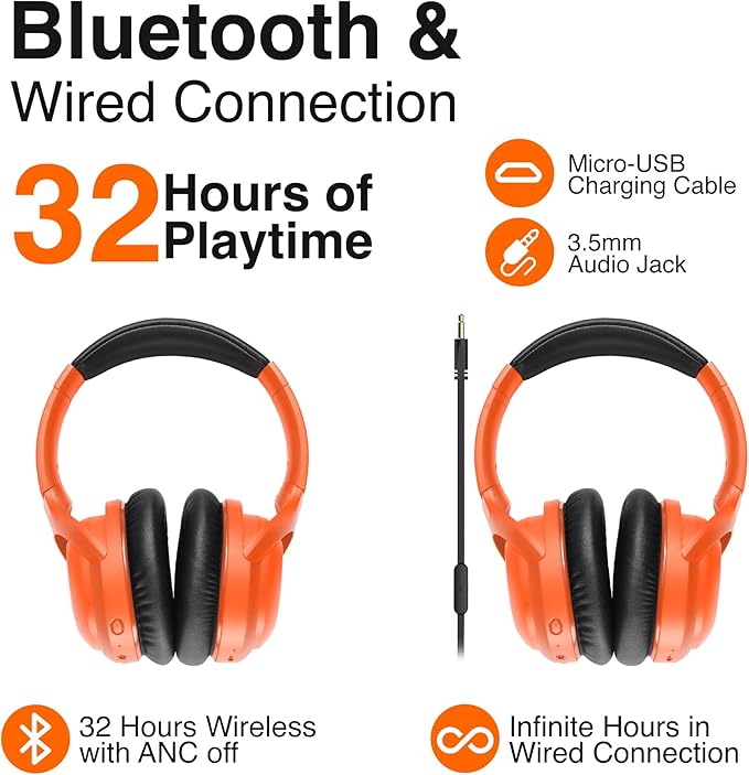 Puro Sound Labs PuroPro Hybrid Active Noise Cancelling Headphones, Volume Limiting, Hi-Res Audio, 32h Playtime, Wireless Over Ear Headphones with Mic, Comfortable Fit, Ideal for Travel & Work – Orange