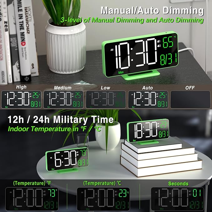 KOSUMOSU Small Digital Clock, 6.7in Alarm Clocks for Bedrooms, Auto Dimming, Room Temperature, Day of The Week, Seconds, Date, Desk Clock for Bedroom, Digital Clocks for Living Room