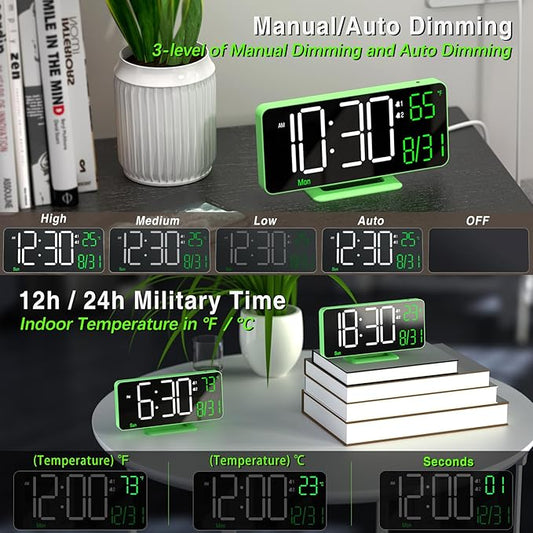 KOSUMOSU Small Digital Clock, 6.7in Alarm Clocks for Bedrooms, Auto Dimming, Room Temperature, Day of The Week, Seconds, Date, Desk Clock for Bedroom, Digital Clocks for Living Room
