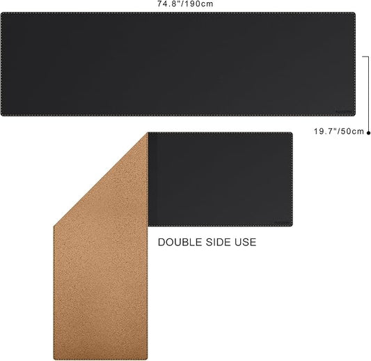 MAIDERN Leather Desk Mat, (5XL) 74.8” x 19.6” Reversible Large Desk Pad Mat, Cork & Leather Large Mouse pad for Desk, Waterproof Computer Desk Mat for Gaming Home Office (Black)