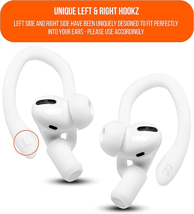 WC HookZ - Patented Upgraded Over Ear Hooks for AirPods Pro 1, 2 & AirPods 1, 2 & 3- Two Size Pairs Included in Package, Unique Left & Right Hook, Made by Wicked Cushions | Winter White