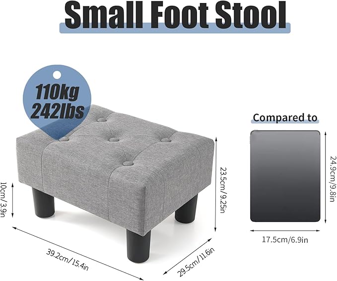 BRIAN & DANY Small Foot Stool, Linen Foot Stools with Legs, Stable Small Footstool for Living Room, Light Gray