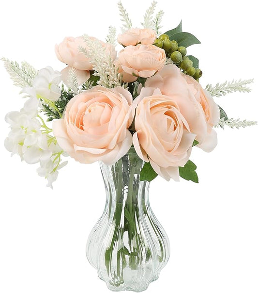 Faux Flowers in Vase for Table Decor, Fake Roses Lavender Plant Artificial Flowers in Vase, Silk Flower Bouquet Floral Arrangements for Home Decor Indoor Office Coffee Table Centerpiece, PeachPink