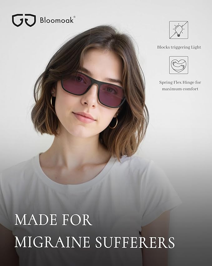 Bloomoak Rose Tinted Photochromic for Indoor/Outdoor UV 400/Migraine Relief Glasses for Fluorescent LED Glare/Photophobia