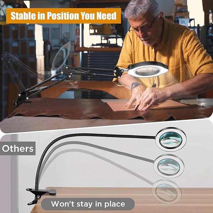 10X Magnifying Glass with Light and Clamp, 5 Color Modes Stepped Dimmable 2-in-1 with LED Desk Lamp, Hands Free Magnifier with Light for Close Works Craft Hobby Painting Reading DIY Repair