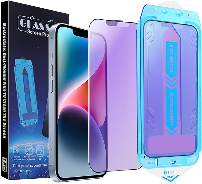 2-Pack Anti Blue Light Matte Screen Protector for iPhone 13 Pro Max/iPhone 14 Plus, 9H Tempered Glass, Full Coverage, Anti-Fingerprint, Auto Dust-Elimination, No Bubble, Easy Installation
