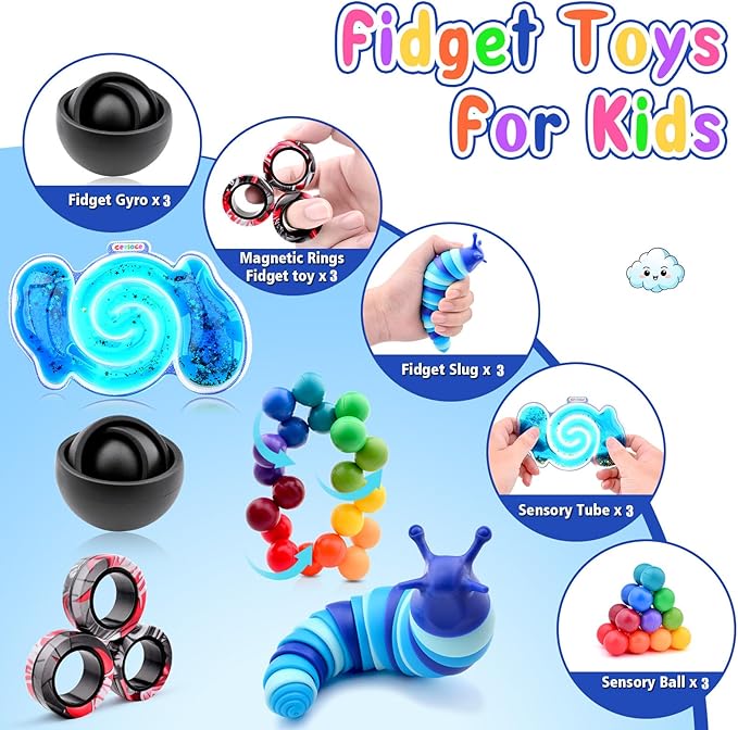 Cevioce 15Pcs Fidget Toys Adults Pack,Stocking Stuffers for Teens Boys Girls,Autism Sensory Toys with Fidget Spinner Slug Magnetic Rings,Squishy Fidget Toys ADHD Stress Relief,Party Favor for Kid-BBB