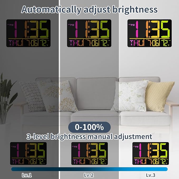 13" Large Digital Wall Clock with Remote, RGB Color Changing, 25 Ringtones, 0-100% Auto/Custom Brightness, Temperature, Calendar, 12/24H, DST, Timer, for Living Room/Bedroom/Office/Elderly