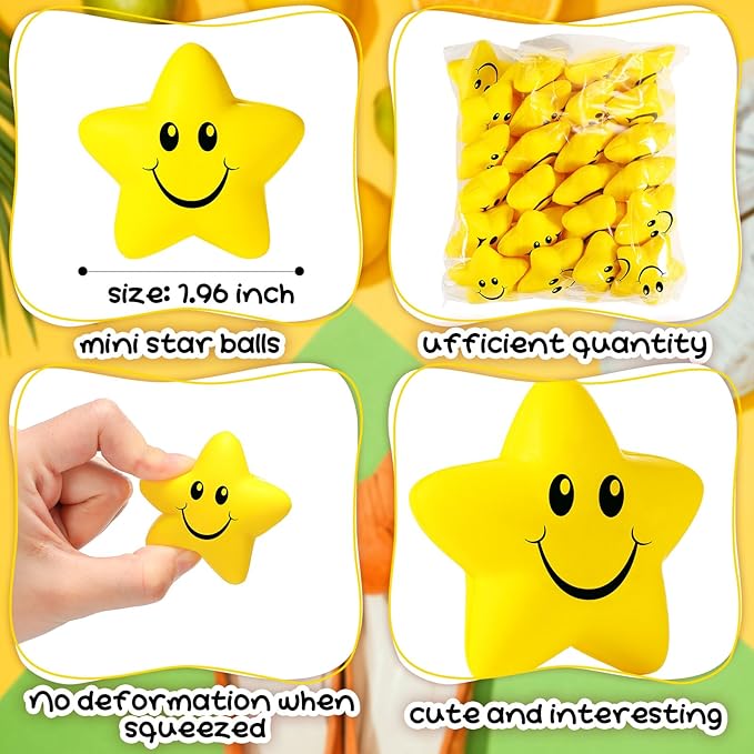 Kasyat 48 Pieces Star Stress Balls Bulk for Kids Mini Smile Face Stress Balls Relief Toys for School Carnival Reward Student Prizes Party Favors Hand Exercise(Yellow)