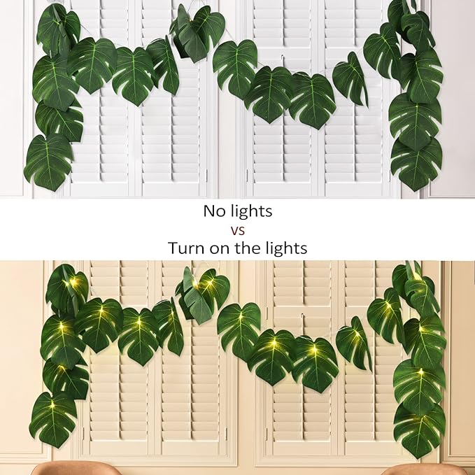 RECUTMS Artificial Tropical Palm Leaves String Lights, Large Size 20 LED Monstera Leaf Wall Hanging Vine Greenery,Outdoor Indoor Hawaiian Luau Jungle Beach Safari Baby Shower Party Spring Summer Decor