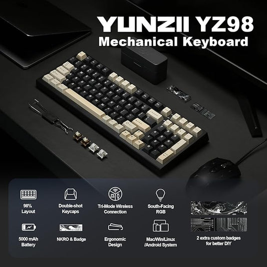 YUNZII YZ98 Gasket Mechanical Keyboard,99 Key Hot Swappable BT5.0/2.4G/USB-C Wireless NKRO 98% 1800 Layout with RGB LED Backlit for Linux/Win/Mac(Milk Switch, Black)