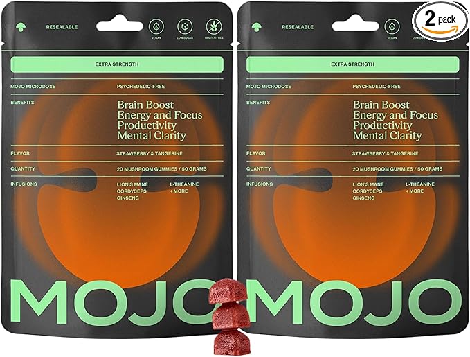Mojo Focus Gummies with Lion’s Mane, Panax Ginseng, Ginger Root, Cordyceps, SAM-e, and Nootropics, Energy and Focus Supplement, Vegan, Strawberry Tangerine (20 Count - Pack of 2)