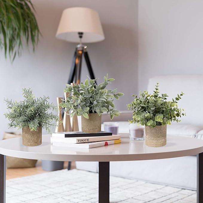 Briful Artificial Potted Plants Set of 3 Small Faux Plant Eucalyptus Mini Fake Plant Decor for Home Table Office Room Desk Bathroom Shelf Kitchen Rustic Farmhouse Mantel Decoration