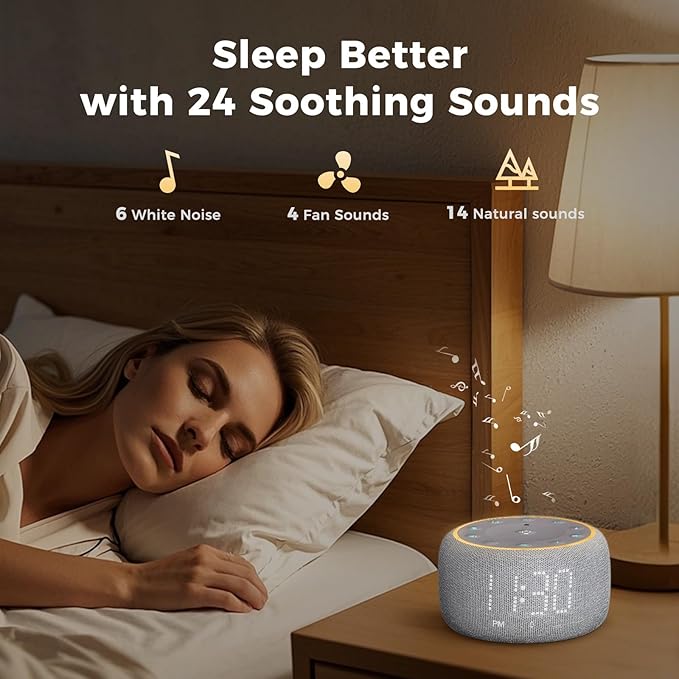White Noise Machine Alarm Clock: Auto-Dimmable Clock for Bedrooms - 5W Stereo Bluetooth Speaker - Sound Machine with 24 Sleep Sounds for Adults Kids