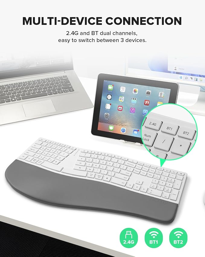 DeLUX Full Size Wireless Ergonomic Keyboard with Palm Rest, Ultra-Thin Split Keyboard, Bluetooth and 2.4G Connection, Rechargeable Battery, Natural Typing (GM909-White)