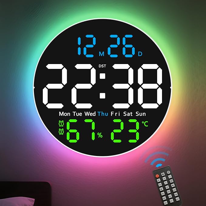 10 Inch Large Digital Wall Clock with 9 Color Changing Remote Control, Date Week Temperature, Auto Brightness Dimmer Clock Night Lights,Blue+Green