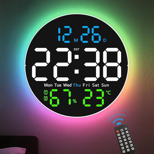 10 Inch Large Digital Wall Clock with 9 Color Changing Remote Control, Date Week Temperature, Auto Brightness Dimmer Clock Night Lights,Blue+Green