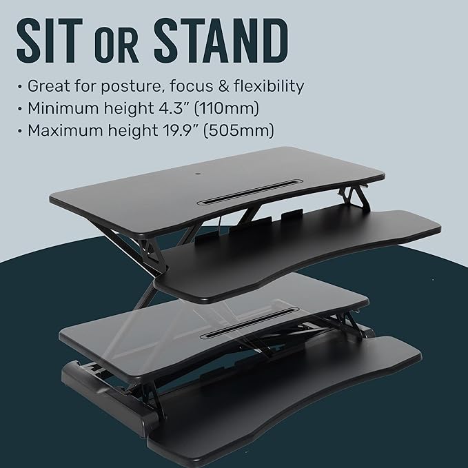 TechOrbits Standing Desk Converter-32-inch Height Adjustable, MDF Wood, Sit Riser-Black, 32"