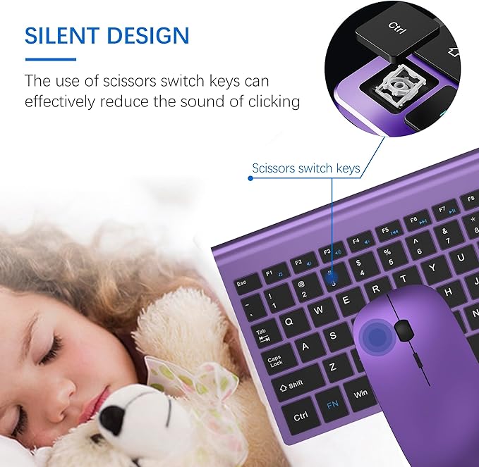 Wireless Keyboard and Mouse Ultra Slim Combo, TopMate 2.4G Silent Compact USB 2400DPI Mouse and Scissor Switch Keyboard Set with Cover, 2 AA and 2 AAA Batteries, for PC/Laptop/Windows/Mac-Purple Black