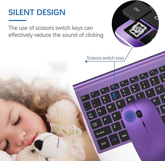 Wireless Keyboard and Mouse Ultra Slim Combo, TopMate 2.4G Silent Compact USB 2400DPI Mouse and Scissor Switch Keyboard Set with Cover, 2 AA and 2 AAA Batteries, for PC/Laptop/Windows/Mac-Purple Black