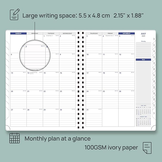 POPRUN 2025-2026 Monthly Planner Spiral Bound, 8.5'' x 11.25'' Academic Calendar (July 2025-July 2026) Appointment Book with Stair Tabs, Leather Cover, 4 Pages per Month with Notes - Cornflower