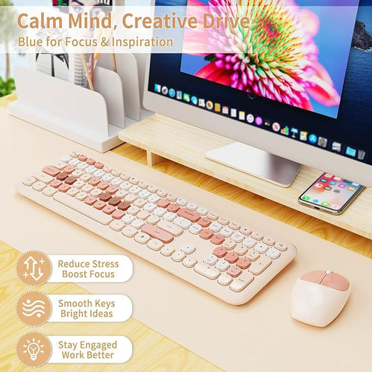 Wireless Keyboard and Mouse Combo, Retro Typewriter Keyboard with Round Keycaps, Full-Size Ergonomic, Brown, Ideal for Windows PC, Home, Office, and College, Wireless Keyboard Mouse Combo