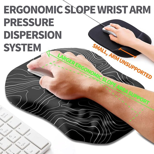 Ergonomic Slope Mouse Pad Wrist Support, Wrist Rest Mousepad for Carpal Tunnel Pain Relief with Massage Bulge and Slow Rebound Memory Foam (12x8 inch, Black Contour Lines)