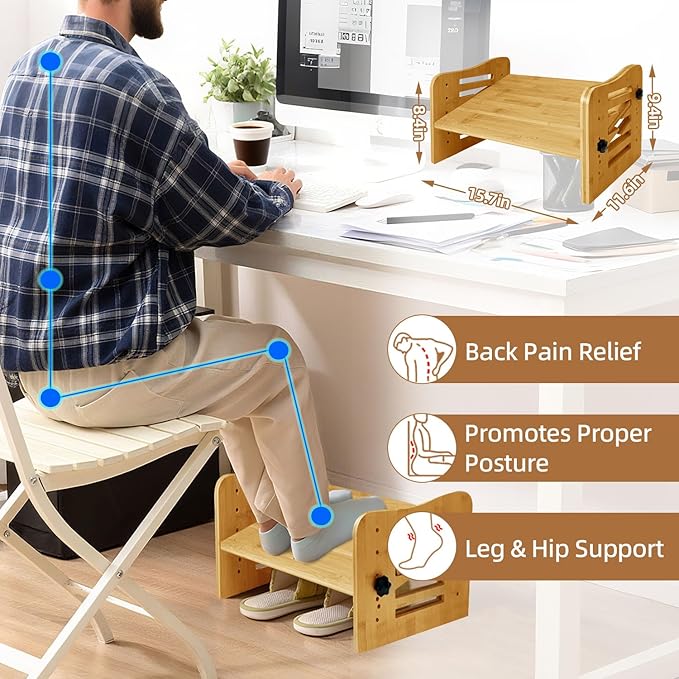 Myplace Bamboo Adjustable Under Desk Footrest with Memory Foam Pad - Ergonomic Foot Rest with 7-Level Adjust, Slanted Foot Rest Stool for Home Office Kitchen Bedroom (Burlywood)