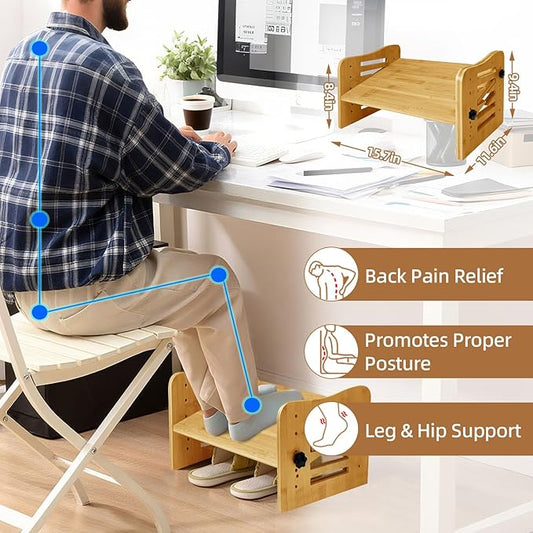 Myplace Bamboo Adjustable Under Desk Footrest with Memory Foam Pad - Ergonomic Foot Rest with 7-Level Adjust, Slanted Foot Rest Stool for Home Office Kitchen Bedroom (Burlywood)