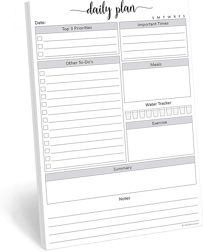 321Done Daily Planning Notepad - 50 Sheets (5.5" x 8.5") - Day to Do List Planner Today Checklist Tear-Off Note Pad - Made in USA - Simple Script