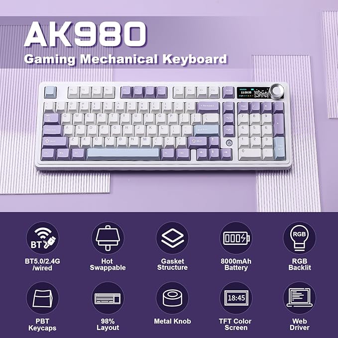 AJAZZ AK980 Mechanical Keyboard with Smart Display & Knob,98% Wireless Keyboard Tri-Mode BT/2.4G/USB-C, Hot Swappable, PBT Keycaps, with RGB Light for Win & Mac(Purple,Murad Switch)