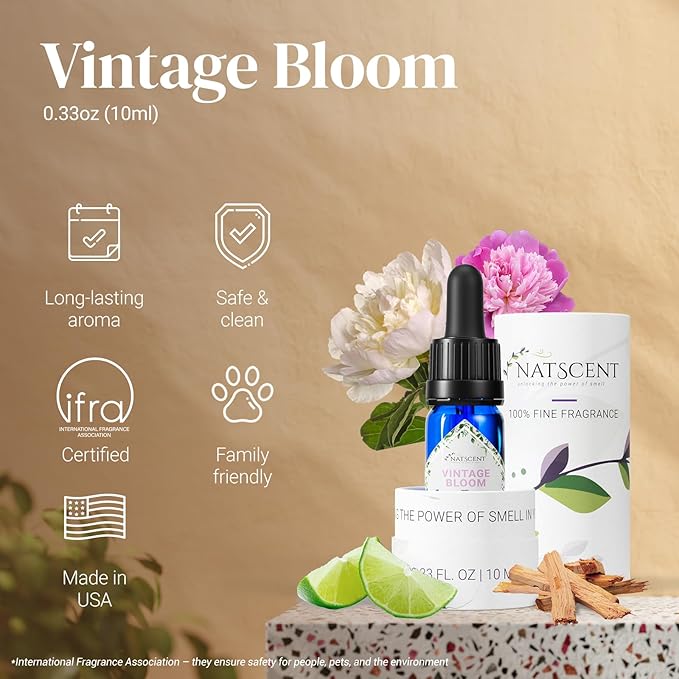 Vintage Bloom Essential Oils for Diffusers for Home, Nature-derived Peony Essential Oil, Long-Lasting & Family-Friendly Diffuser Oils Scents, IFRA Certified, Cold Air & Ultrasonic- 0.33 oz