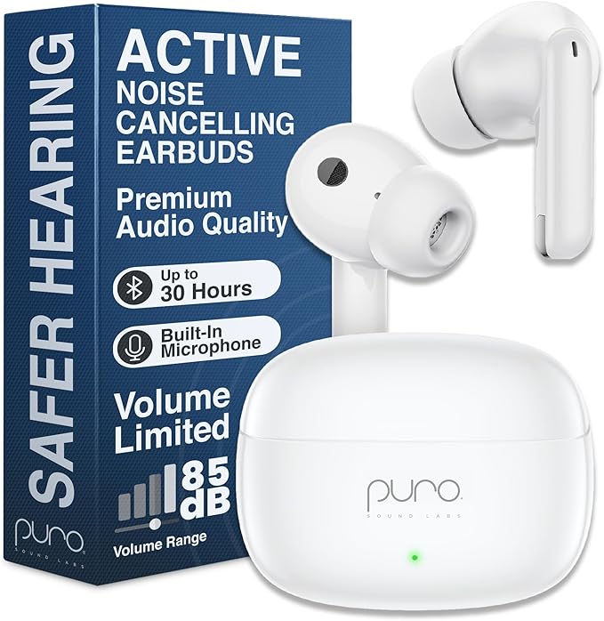 Puro Sound Labs PuroQuiet-Air Active Noise Cancelling Bluetooth Earbuds, Volume-Limited Wireless Earphones for Safe Listening, Soft Touch, Type-C Charging with Built-In Microphone & Secure Fit – White