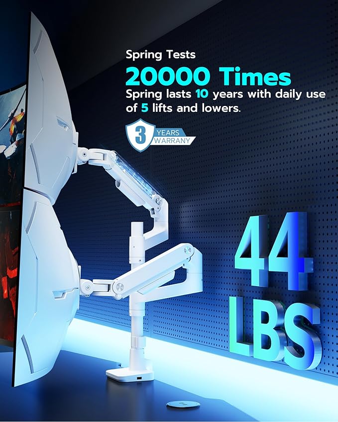 ARES WING Dual Monitor Stand for Ultrawide Heavy Duty Curved Monitor Stacking, Fits 17-49 Inch, Vertical Gas Spring Double Monitor Mount with USB, Adjustable Dual Monitor Mount for Desk, White