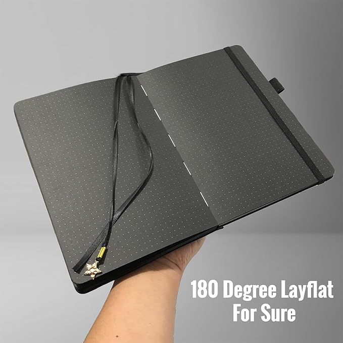 BUKE Dotted Journal - 150gsm Black Paper - 5 * 5mm DOT GRID Layout 160 Pages - A5 Size PU Leather Hardcover Drawing Sketch Notebook (Black)