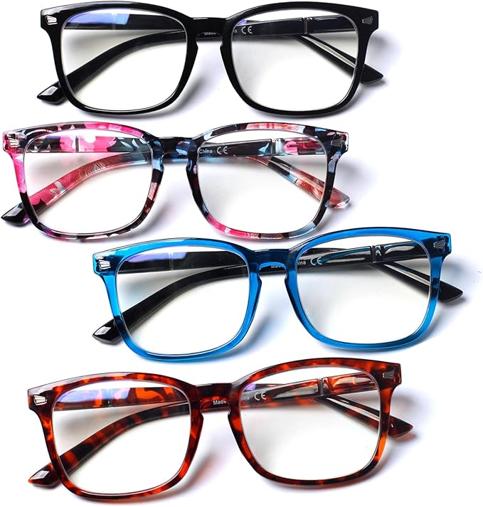 Henotin 4-Pack Blue Light Blocking Reading Glasses Women Men,Spring Hinge Computer Readers,Anti UV Ray Square Nerd Eyeglasses (Mixed Color-C, 2.50)