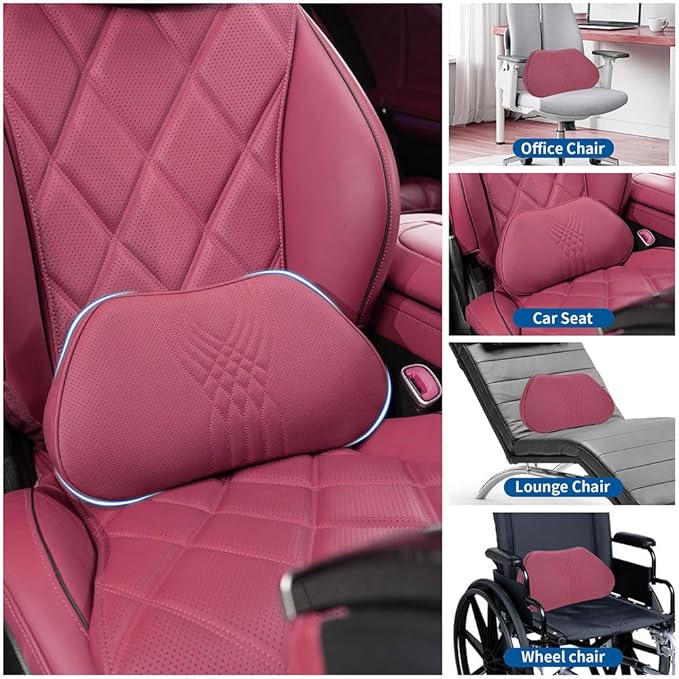 Lumbar Support Pillow for Car Seat, Office Chair Leather Memory Foam Lower Back Cushion for Back Pain Relief Improve Posture, Ergonomic Back Rest for Gaming Chair, Red, 1PC
