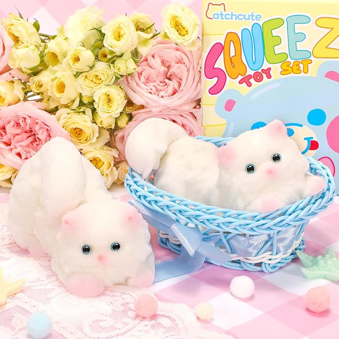 Big Squeeze Cat Toys with Basket,Soft Cat Squishies Sensory Fidget Toys for Stress Anxiety Relief, Sticky Toys Party Favors Christmas Birthday Gift for Kids Teens
