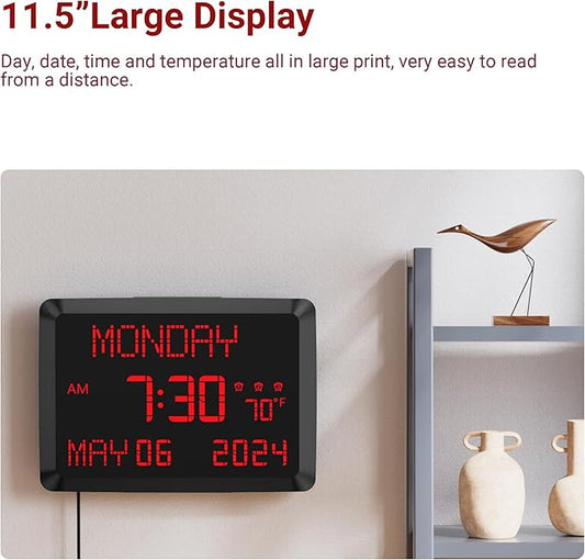 Mesqool Digital Clock, 11.5” Digital Wall Clock with Date,Time,Week, Indoor Temperature, Dimmable, Snooze, 12/24H for Living Room, Elderly, Seniors, Dementia, Alzheimers' Calendar Clock