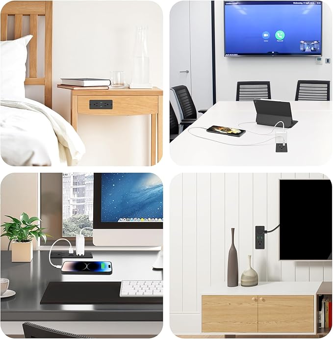 HHSOET 5 in 1 Recessed Power Strip Flat Plug, 45W Fast Charging Furniture Outlet with USB, Conference Recessed Socket with 2 AC Plugs, 2 USB Ports 1 USB-C, 6ft Power Cord. (Black)