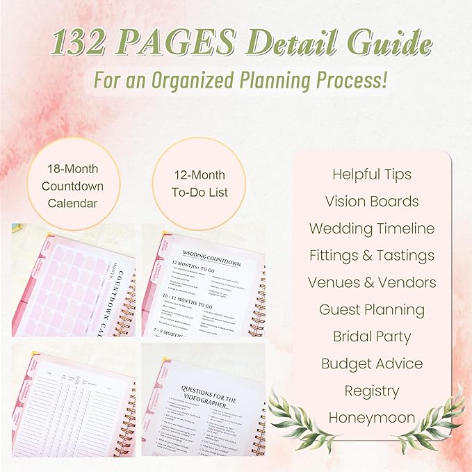 Wedding Planner For Bride-Bridal Wedding Planning binder With 5 Tabbed Sections+Wedding Countdown Calendar,Unique Engagement Gifts For Couples,Pink Love