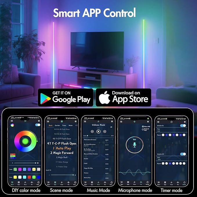 RGB Corner Floor Lamp - Smart RGB LED Corner Lamp with APP Remote 16 Million RGBW Color Changing Light 300+ Scene, Music Sync Lights & Timer Floor Lamps for Living Room Bedroom Game Room