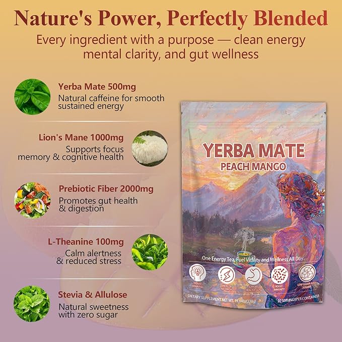 Yerba Mate Instant Tea Powder - Clean Energy, Boosts Focus, Low Sugar & Caffeine, Gut Health, Peach Mango - 30 Servings