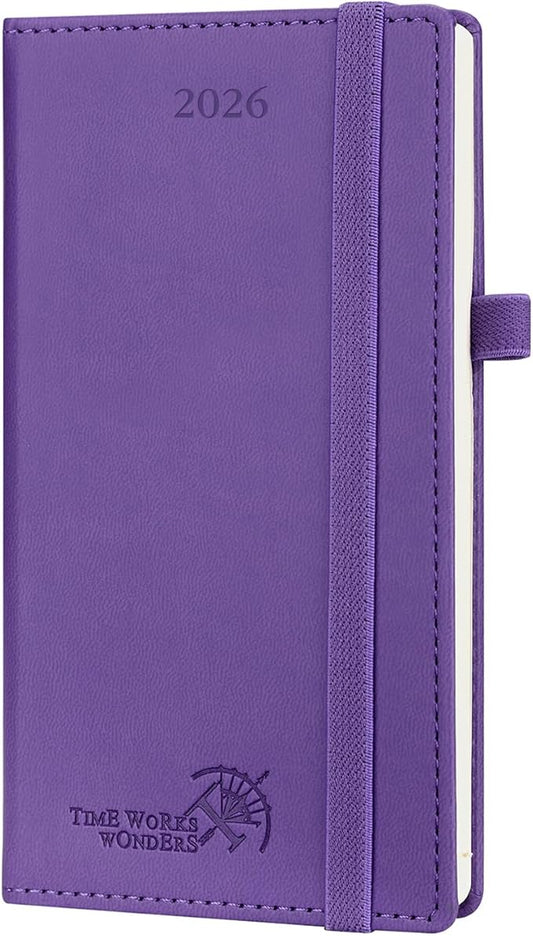 POPRUN Pocket Calendar 2026 (Slim Size-3.5'' x 6.5''), 12 Months (Jan. - Dec. 2026) Small Planner Weekly and Monthly for Purse with Pen Holder, Storage Pocket, Vegan Leather Hardcover - Purple