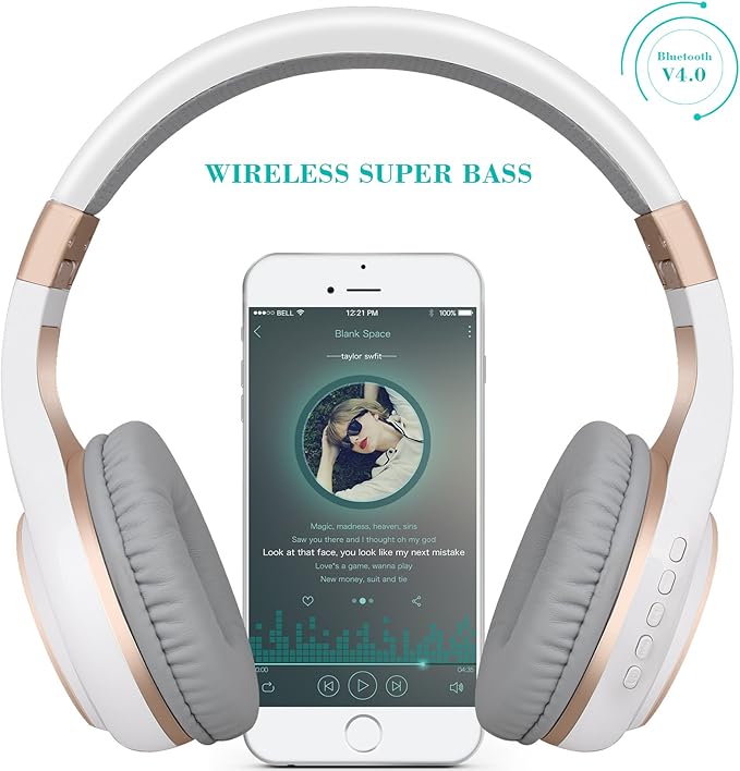 Riwbox Bluetooth Headphones, XBT-80 Folding Stereo Wireless Bluetooth Headphones Over Ear with Microphone and Volume Control, Wireless and Wired Headset for PC/Cell Phones/TV/Gym (White Gold)