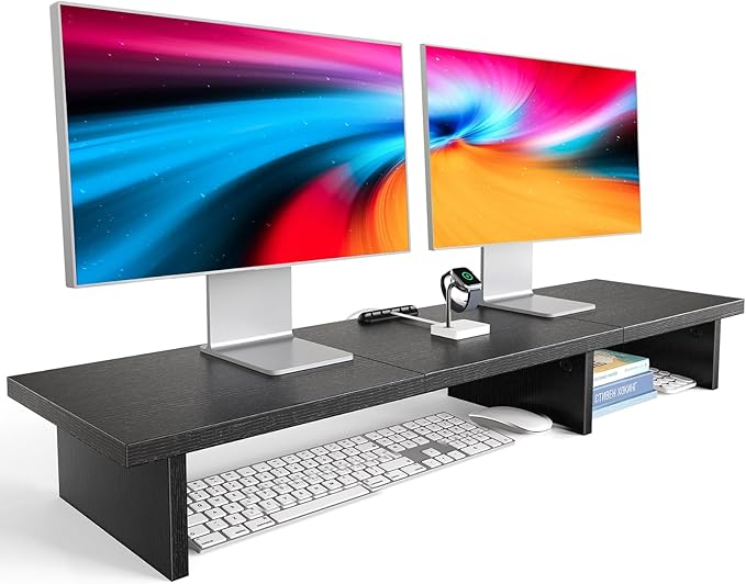 HUANUO Dual Monitor Stand Riser With Cable Clip - Desktop Storage Shelf Organizer for 2 Monitors, Computer, Laptop, Printer, TV