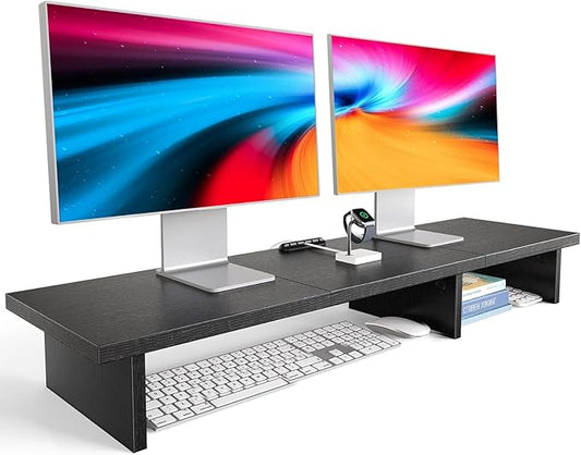 HUANUO Dual Monitor Stand Riser With Cable Clip - Desktop Storage Shelf Organizer for 2 Monitors, Computer, Laptop, Printer, TV