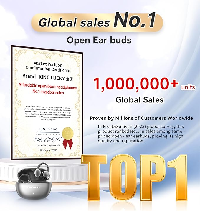 King Lucky Clip-on Earbuds,Open Ear Earbuds Wireless Bluetooth 5.4,Lightweight Open Ear Headphones with C-Shaped Bridge,Slim Hook, 50H Battery,Waterproof,for Glasses Wearers and Workouts (Black)