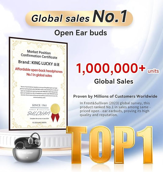 King Lucky Clip-on Earbuds,Open Ear Earbuds Wireless Bluetooth 5.4,Lightweight Open Ear Headphones with C-Shaped Bridge,Slim Hook, 50H Battery,Waterproof,for Glasses Wearers and Workouts (Black)